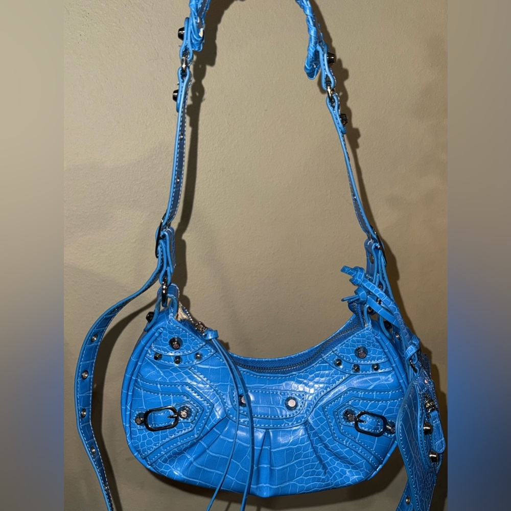 Y2K Grunge Electric Blue Studded Croc Shoulder Bag Attached Heart Mirror Wallet - Picture 16 of 16